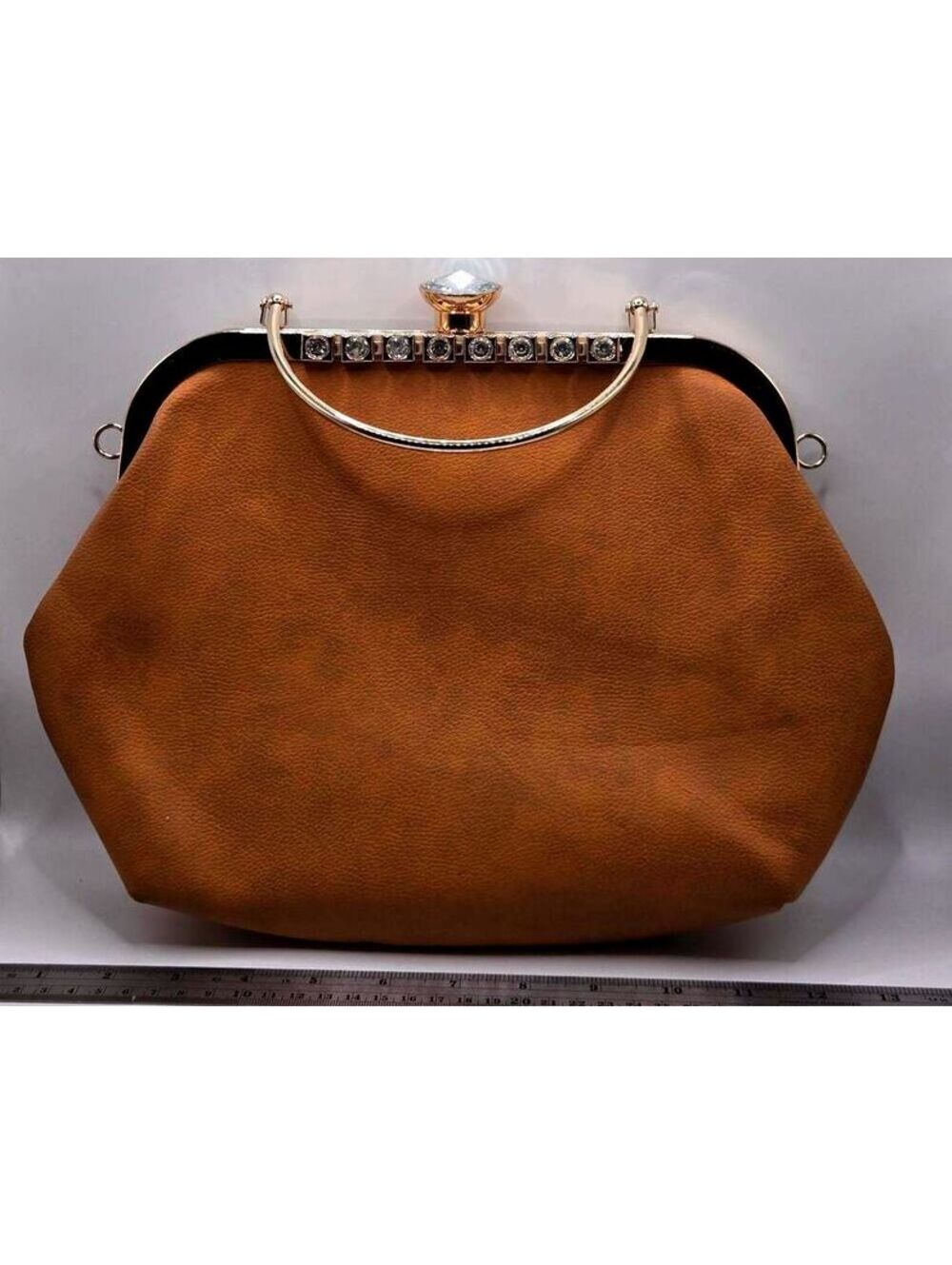 VTG-Style Brown Faux Leather Kiss-Lock Frame Clutch Bag with Rhinestone Detail